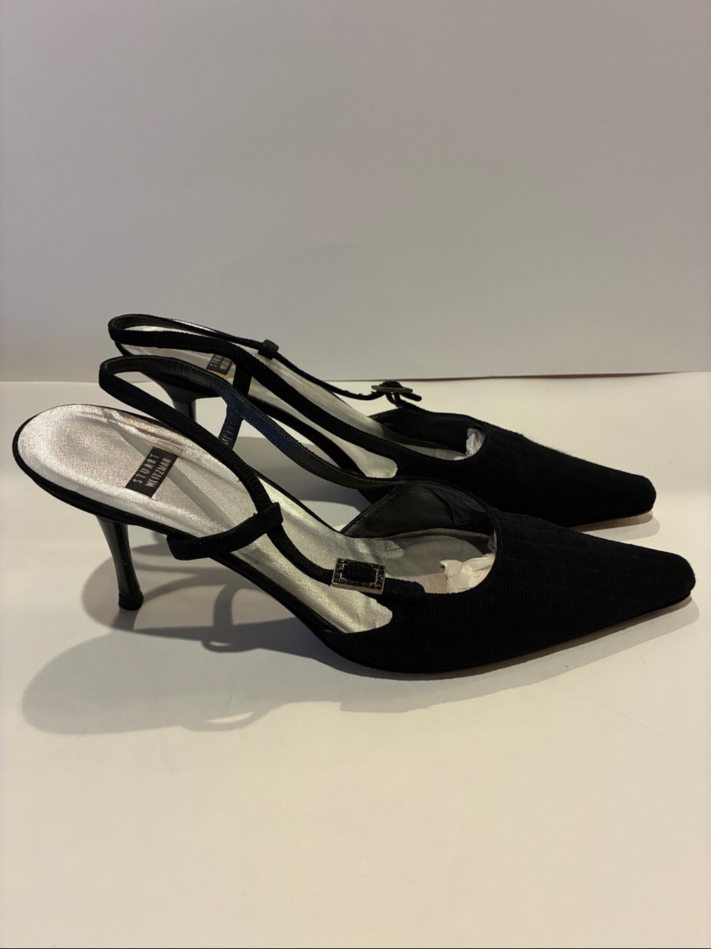 ❤️Stuart Weitzman point toe, ribbed silk, sling back sandal. Sz 9.5